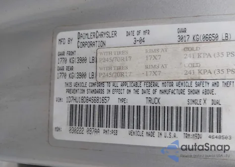 2004 Dodge Ram 1500 Slt/Laramie из США, поврежденный, VIN 1D7HU18D84S681657